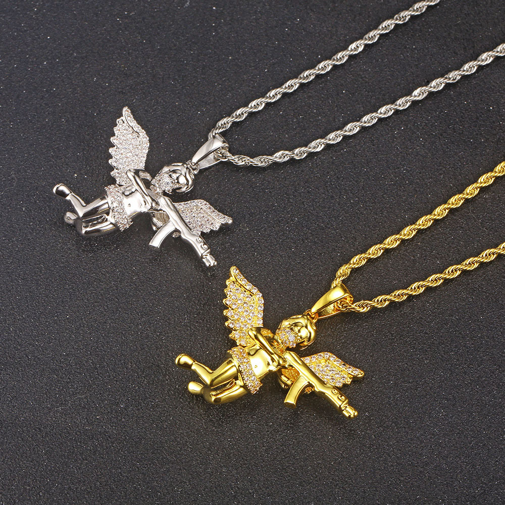 Iced Out CZ Angel Cherub Pendant with Rifle Factory