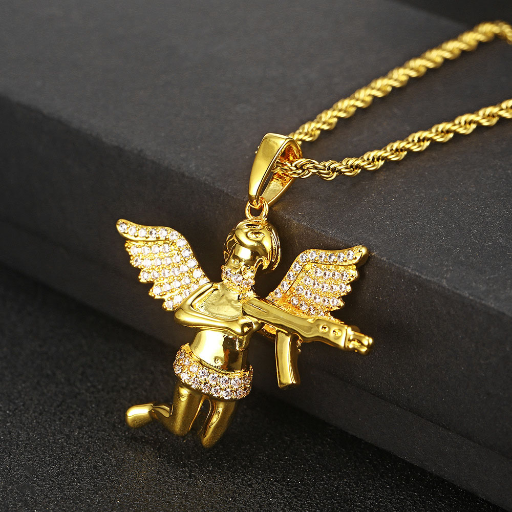 Iced Out CZ Angel Cherub Pendant with Rifle Gold Plating