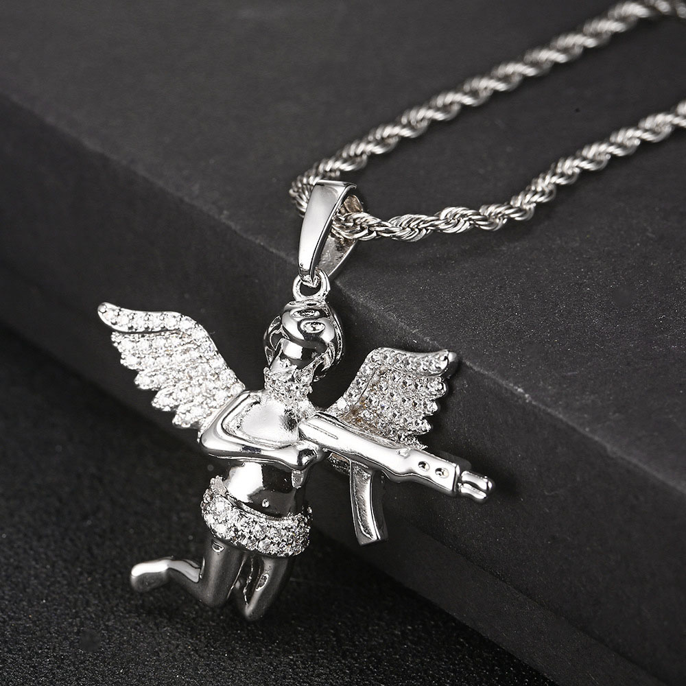 Iced Out CZ Angel Cherub Pendant with Rifle Silver Plating
