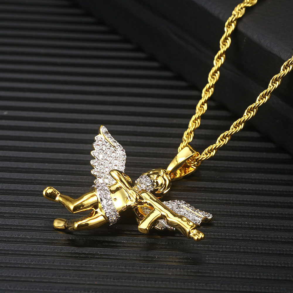 Iced Out CZ Angel Cherub Pendant with Rifle Two-tone Plating
