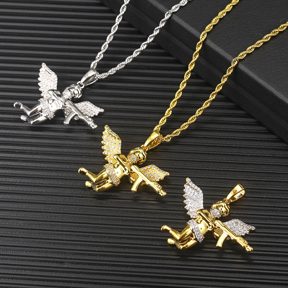 Iced Out CZ Angel Cherub Pendant with Rifle Vendor