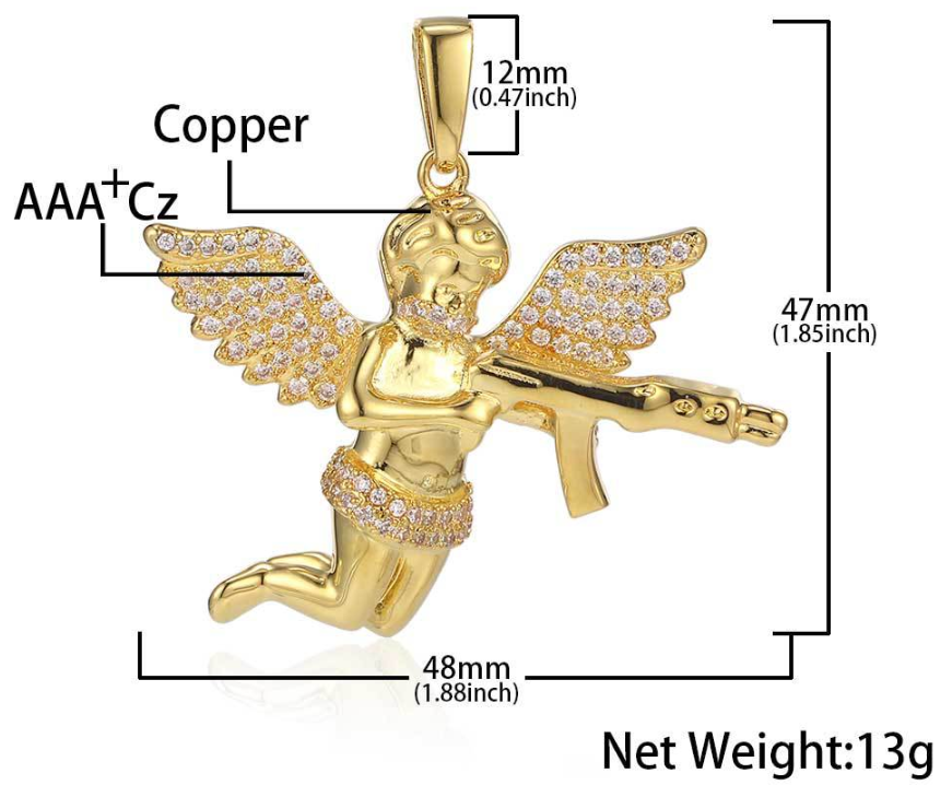 Iced Out CZ Angel Cherub Pendant with Rifle Iced Out CZ Angel Cherub Pendant with Rifle