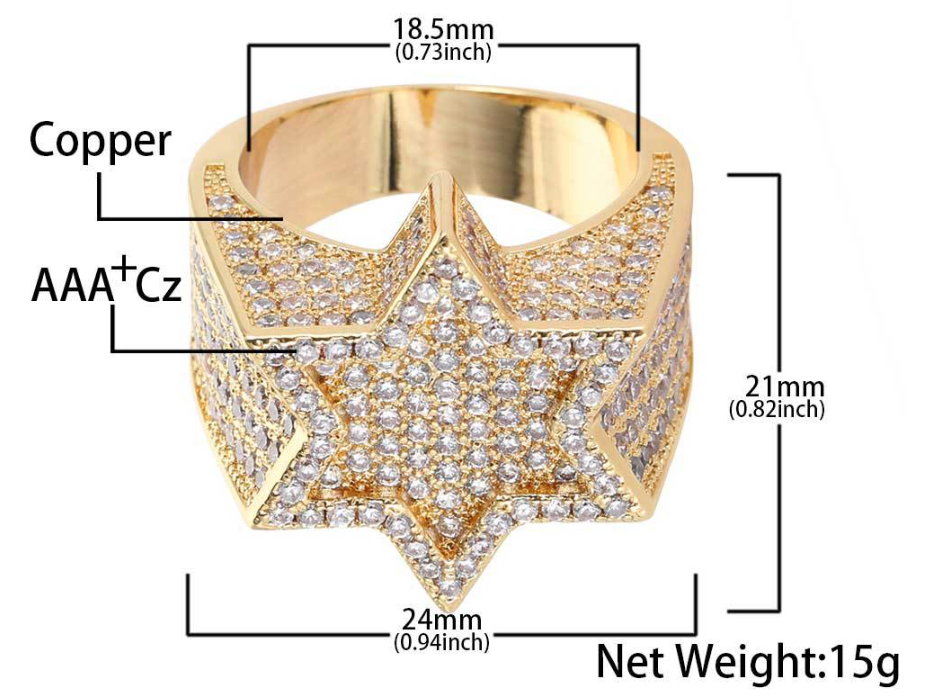 Iced Out CZ Hip Hop Six Point Star Ring