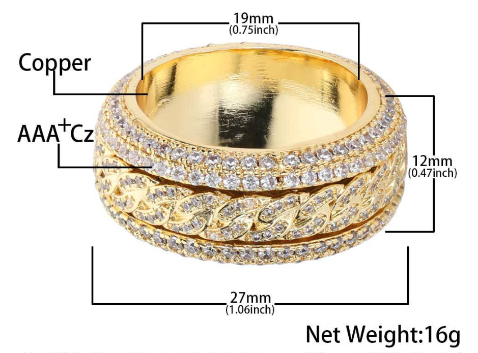 Iced Out CZ Spinning Cuban Band Ring for Men