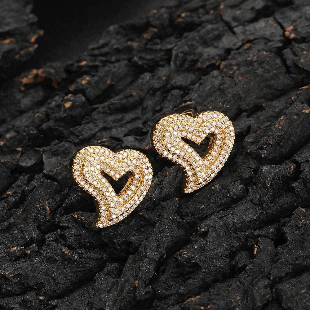 Iced Out Cubic Zirconia Heart Stud Earrings Gold Plating