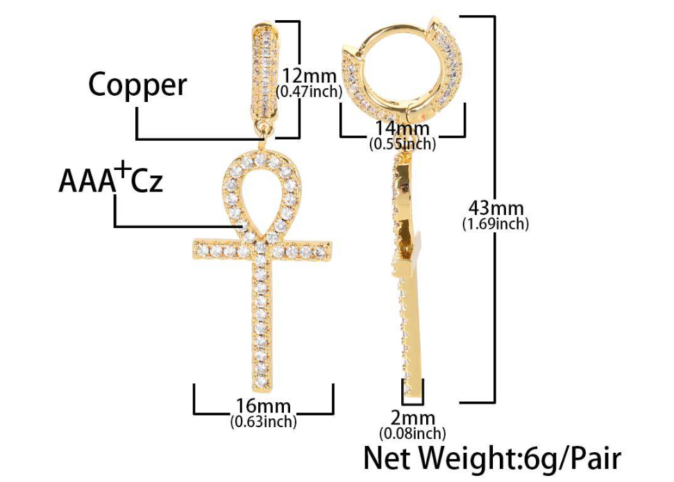 Iced Out Dangling Ankh hoop earrings