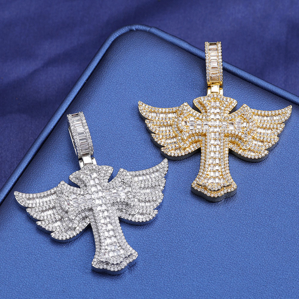 Iced Out Moissanite Angel Wings Cross Pendant Gold and Silver