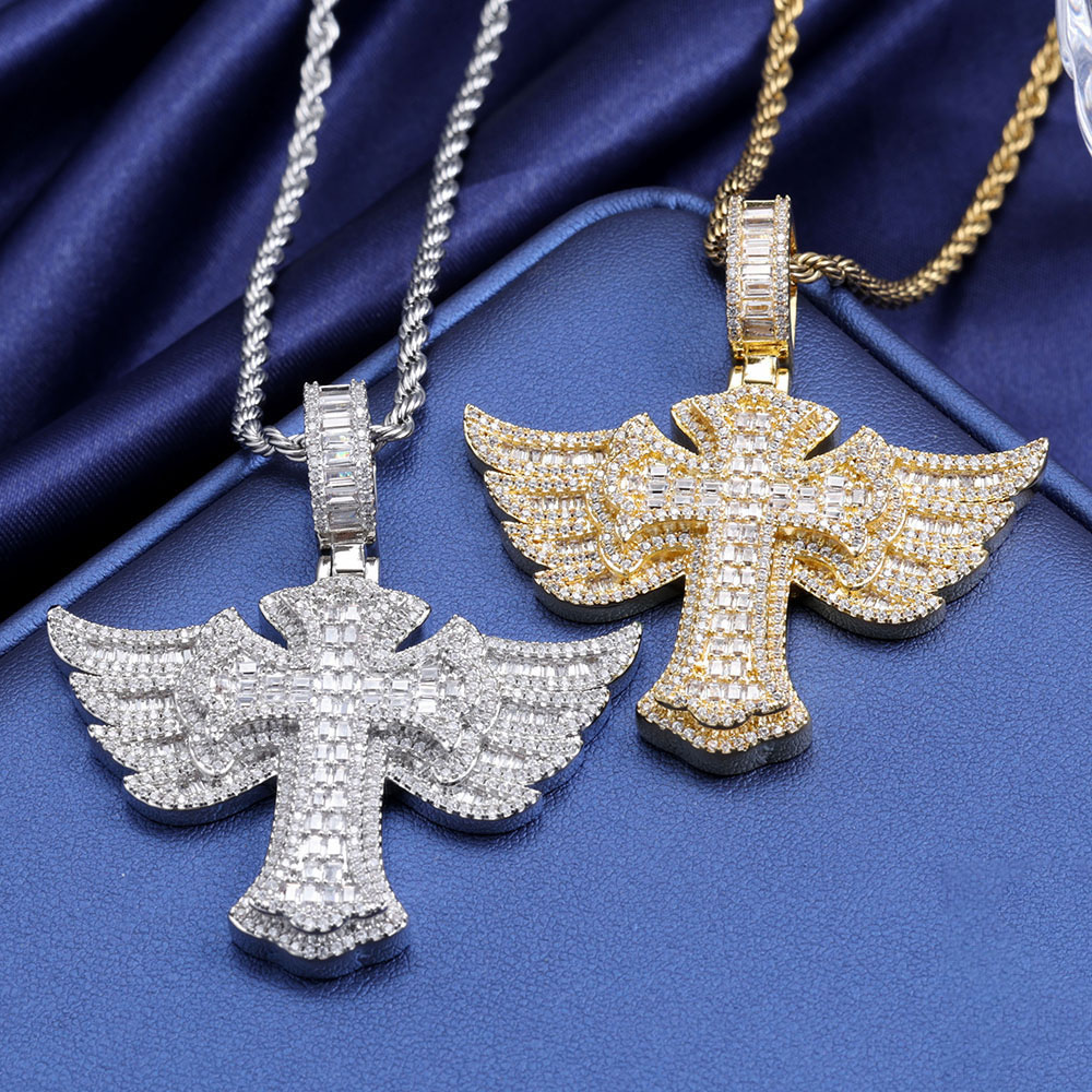 Iced Out Moissanite Angel Wings Cross Pendant Wholesale