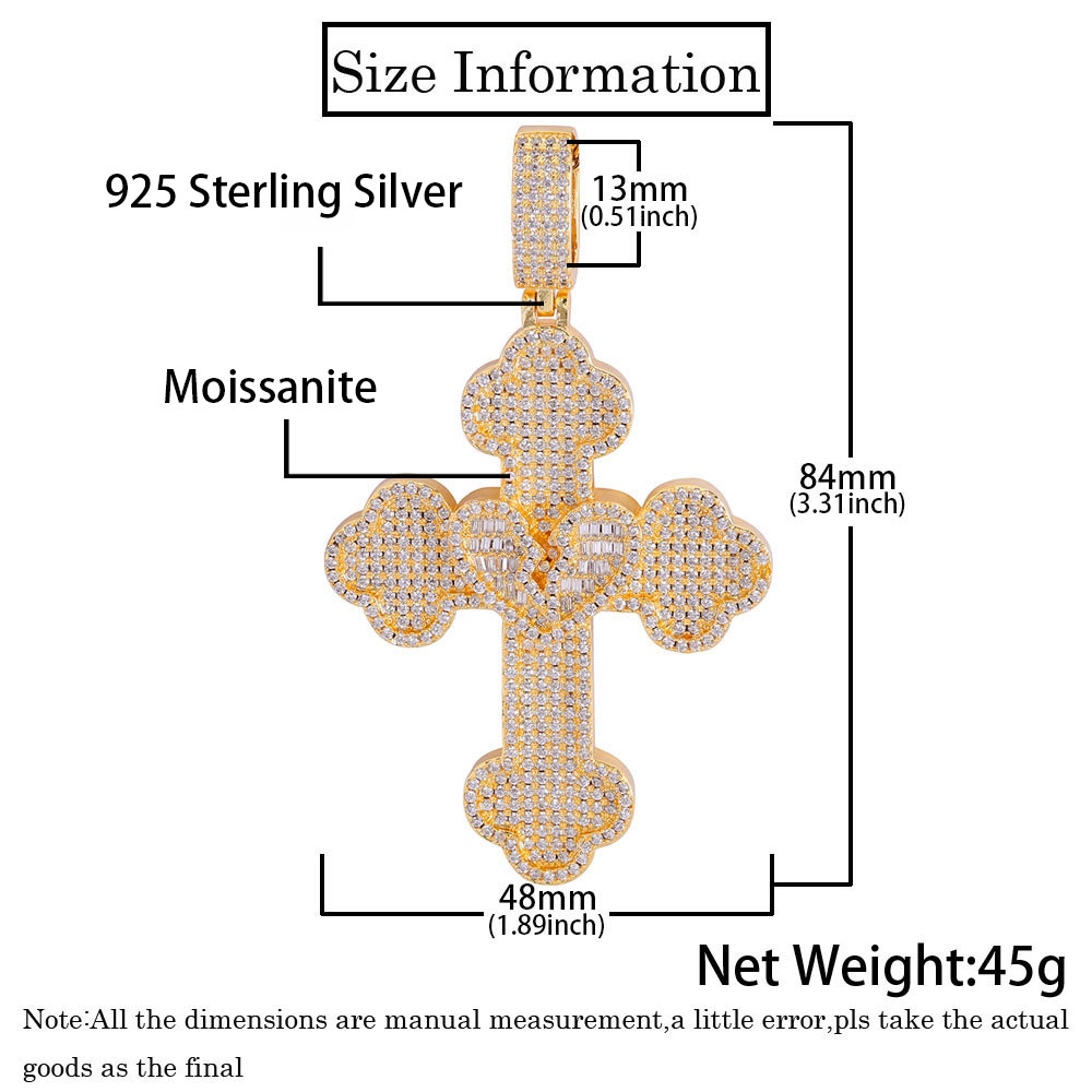 Iced Out Moissanite Broken Heart Cross Pendant Size