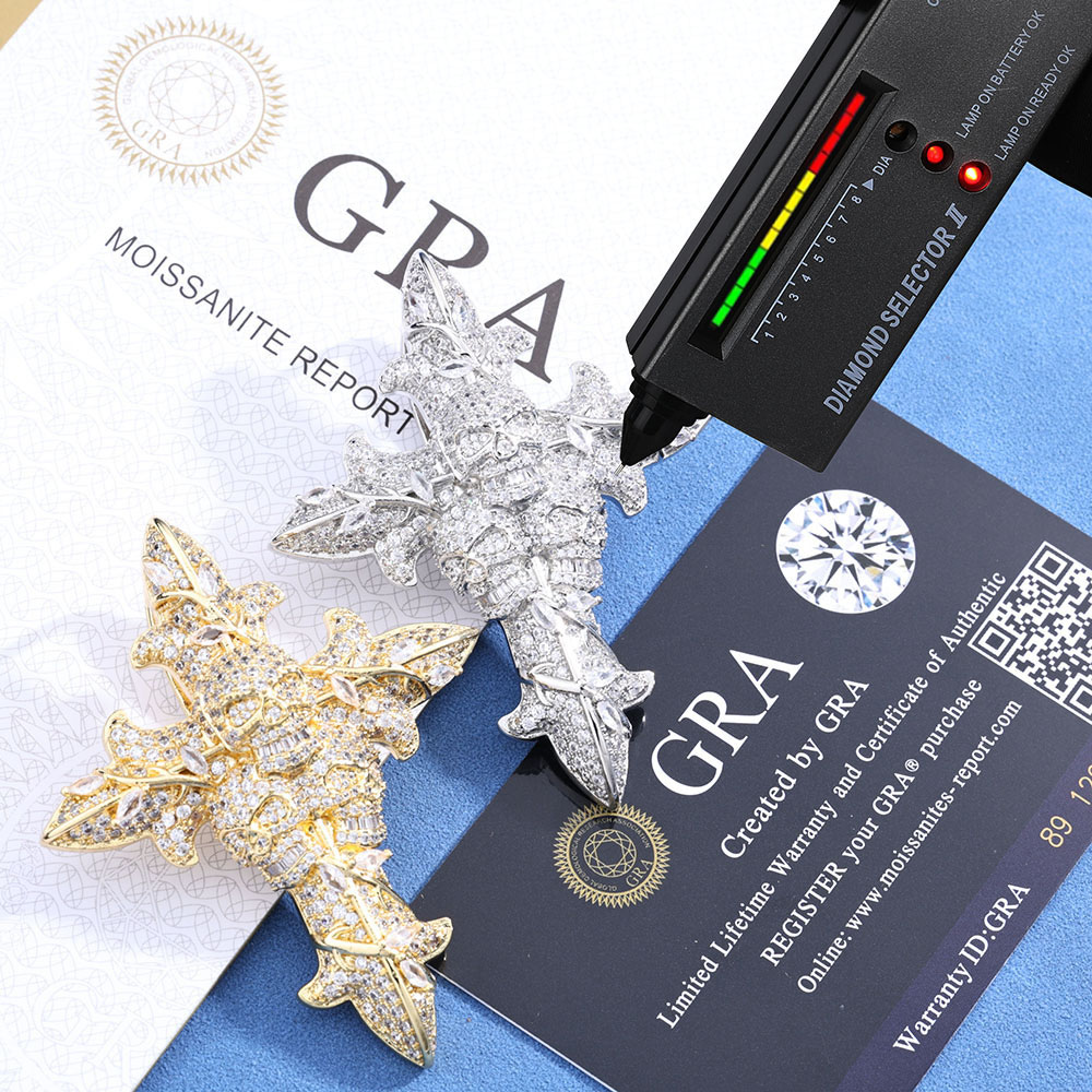 Iced Out Moissanite Sterling Silver Gothic Skull Cross Pendant