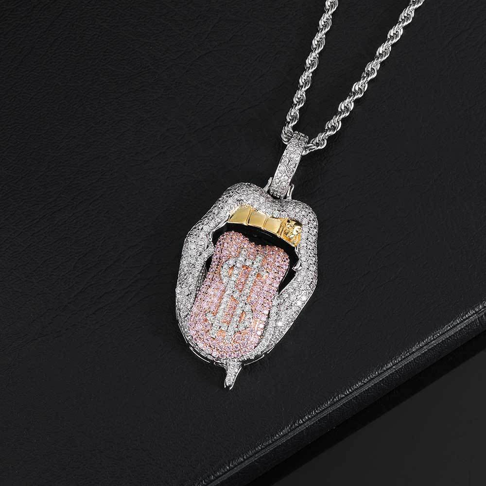 Iced Out Streetwear Lips & $ Tongue Pendant Silver Plating