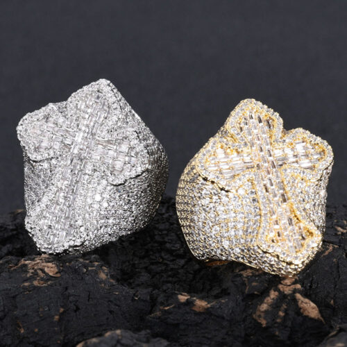 Large Iced Out Baguette CZ Cross Ring for Men