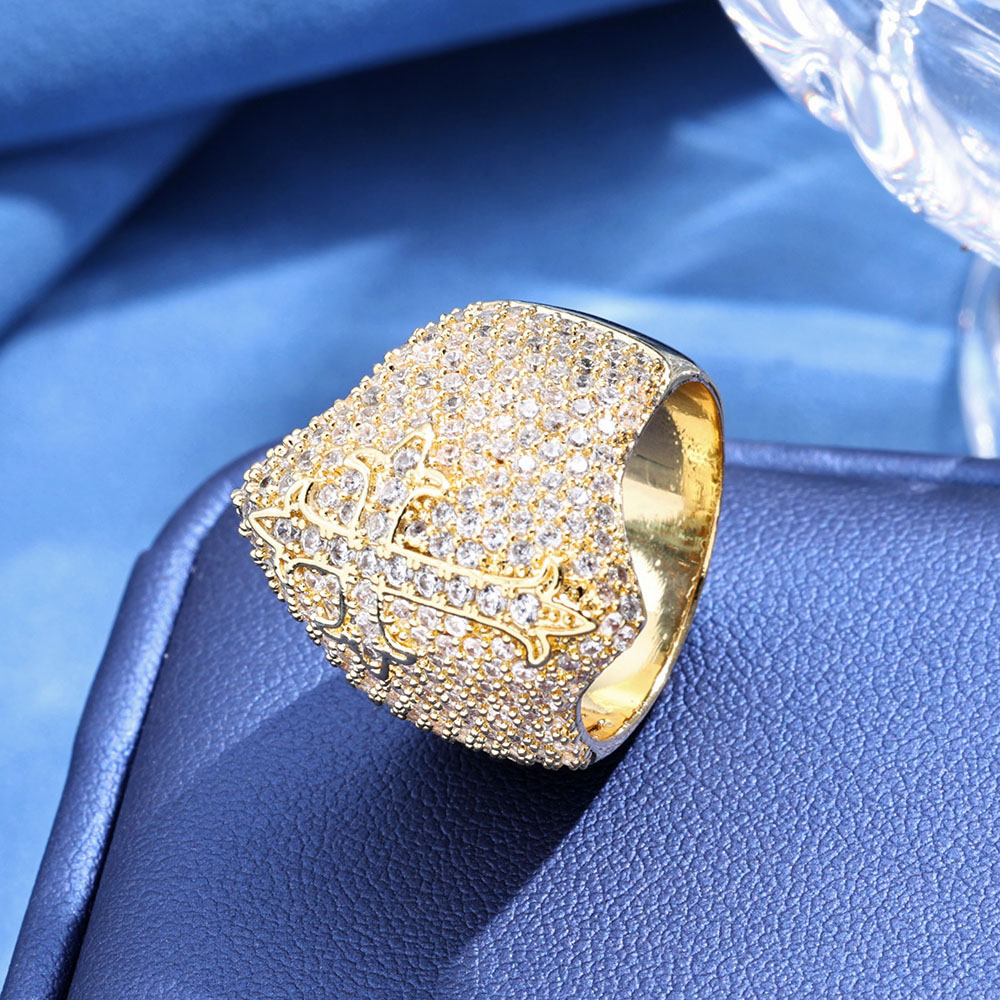 Large Iced Out Gothic Sword Cross Ring Gold Plating