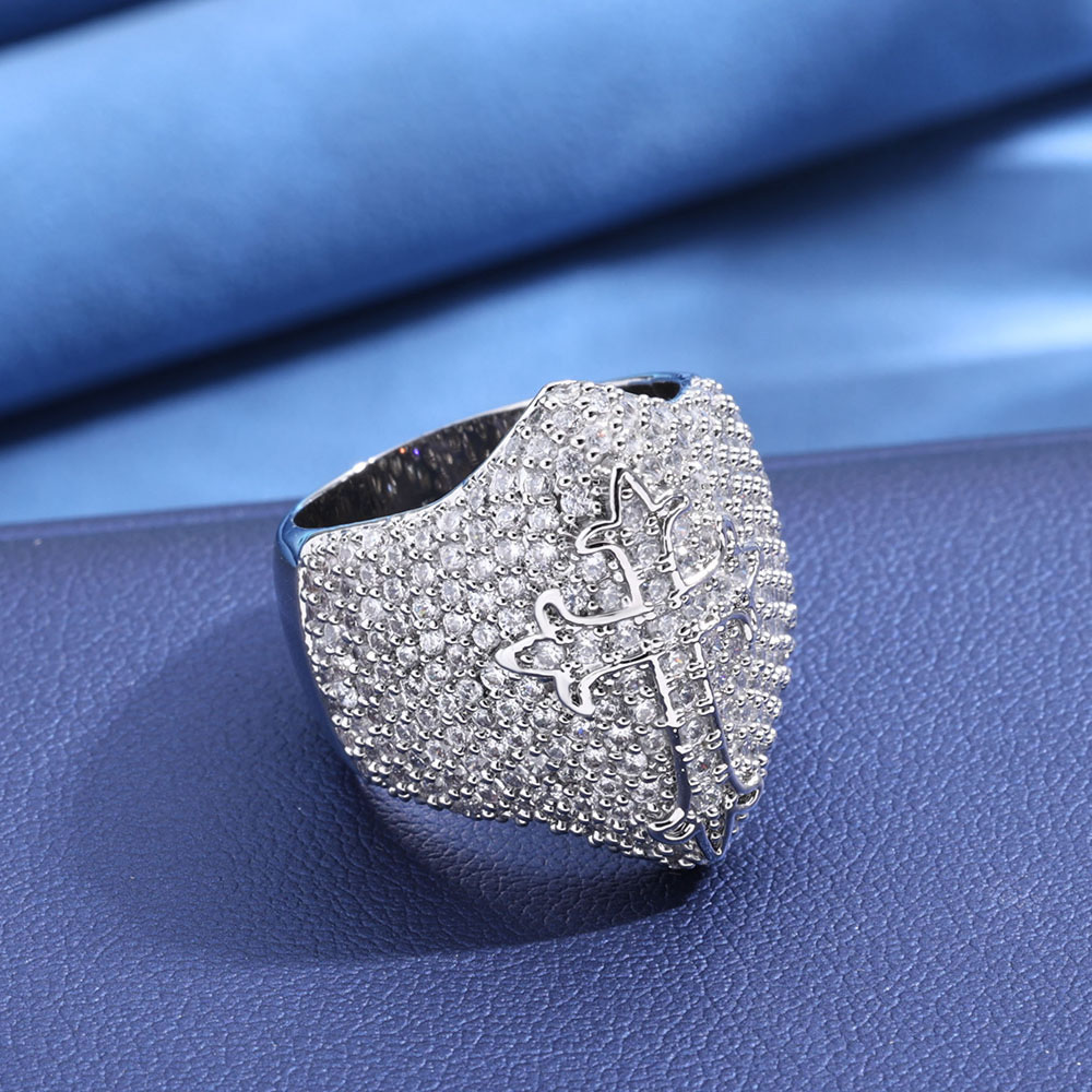 Large Iced Out Gothic Sword Cross Ring Silver Plating