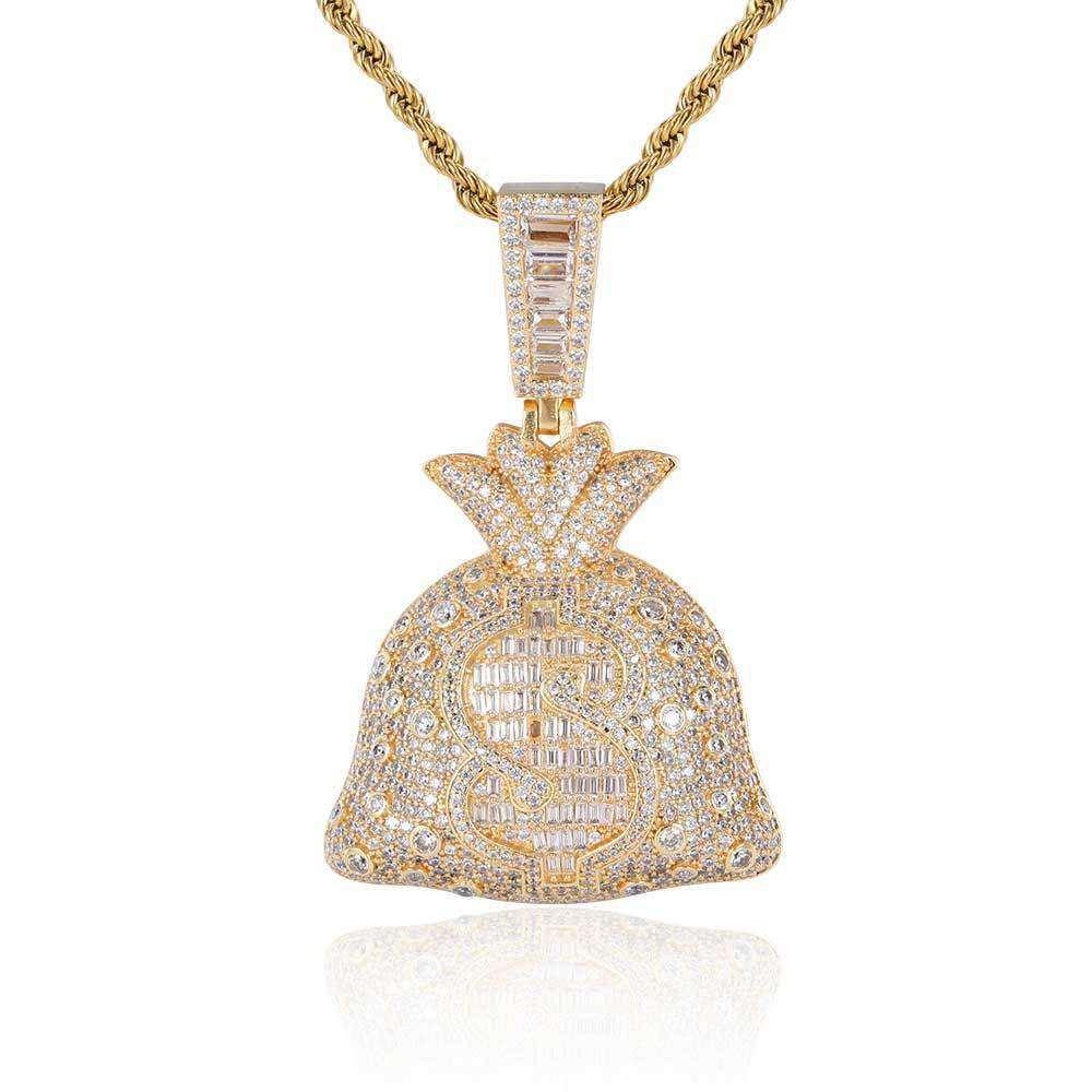 Luxury Hip Hop Dollar Money Bag Pendant Gold Plating