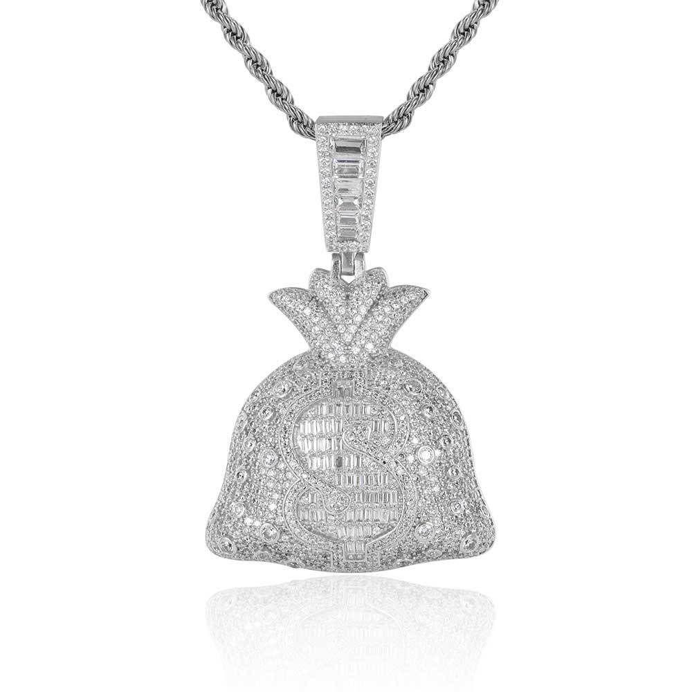 Luxury Hip Hop Dollar Money Bag Pendant Silver Plating