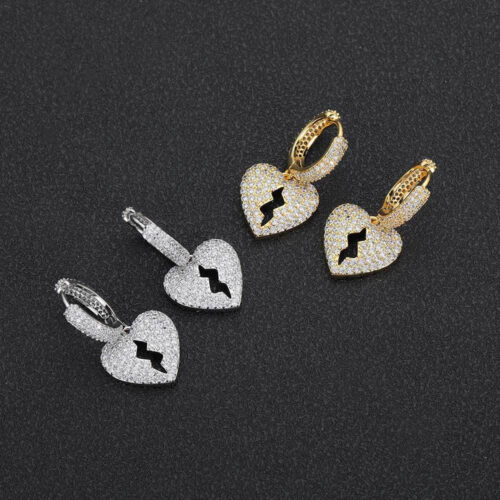 Micro Pave Broken Heart Hip Hop Hoop Earrings Supplier