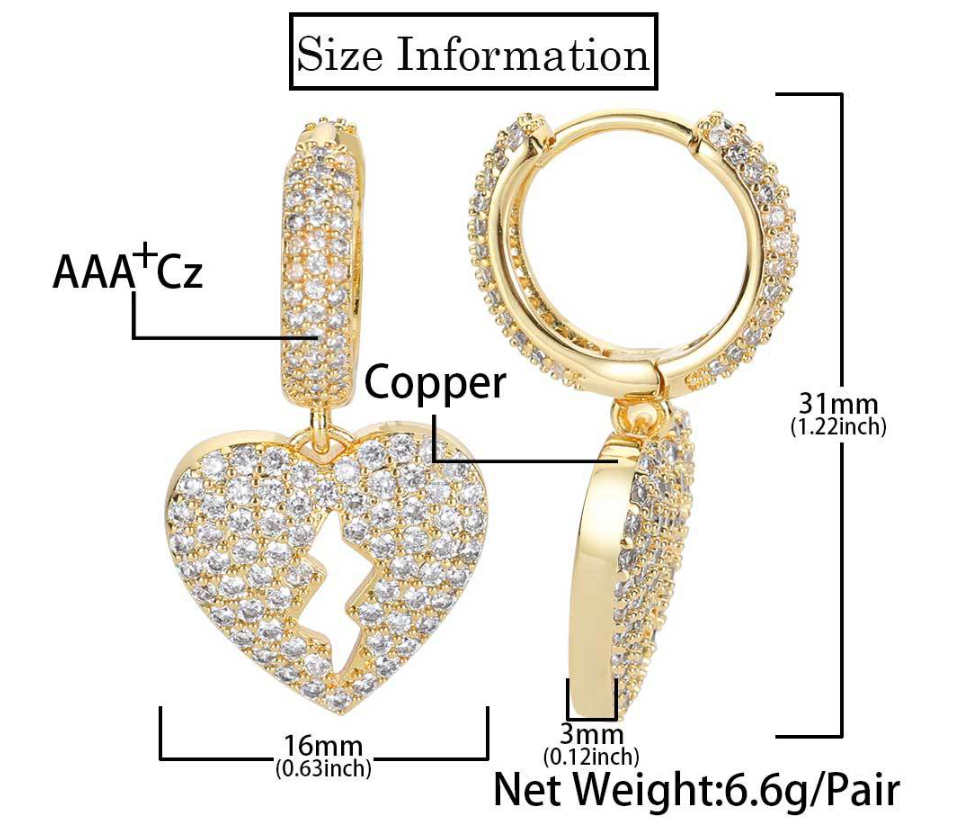 Micro Pave Broken Heart Hip Hop Hoop Earrings