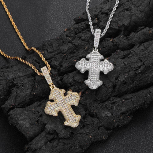 Micro-Pave CZ Baguette Religious Cross Pendant Distributor