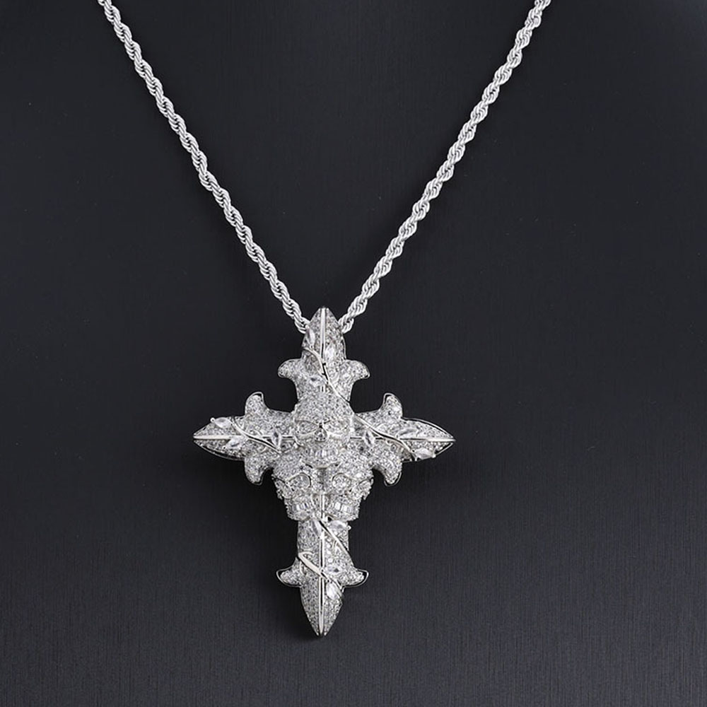 Micro-Pave Cubic Zirconia Skull Cross Pendant Silver Plating