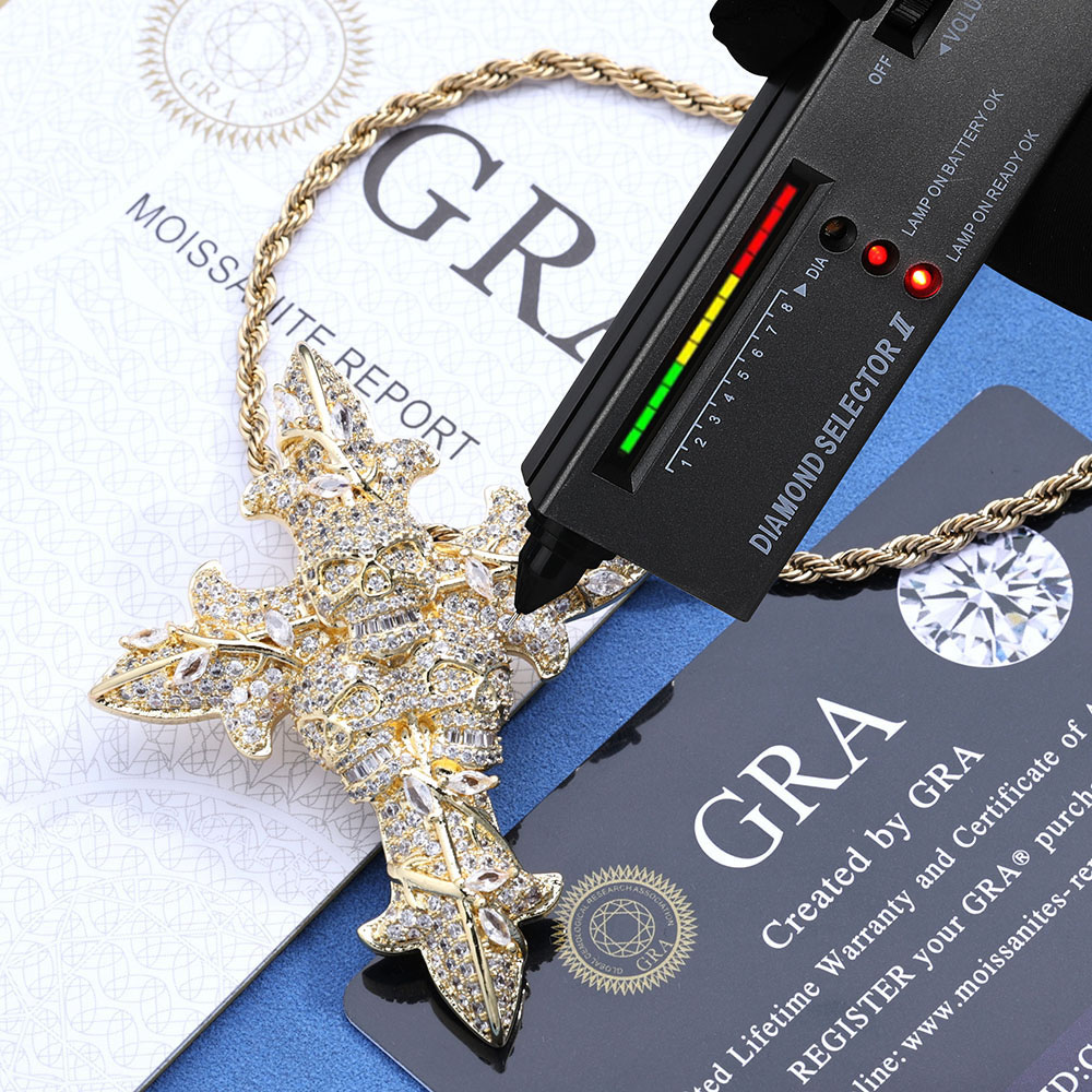 Moissanite Sterling Silver Gothic Skull Cross Pendant Necklace 18K Gold
