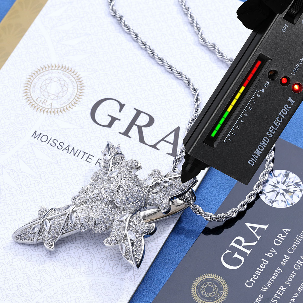 Moissanite Sterling Silver Gothic Skull Cross Pendant Necklace Rhodium Plating