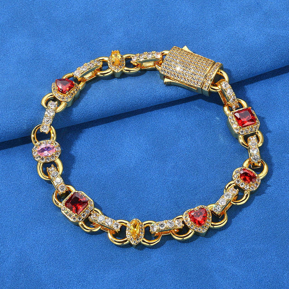 Multi Gemstone Cubic Zirconia Link Chain Bracelet Gold Plating