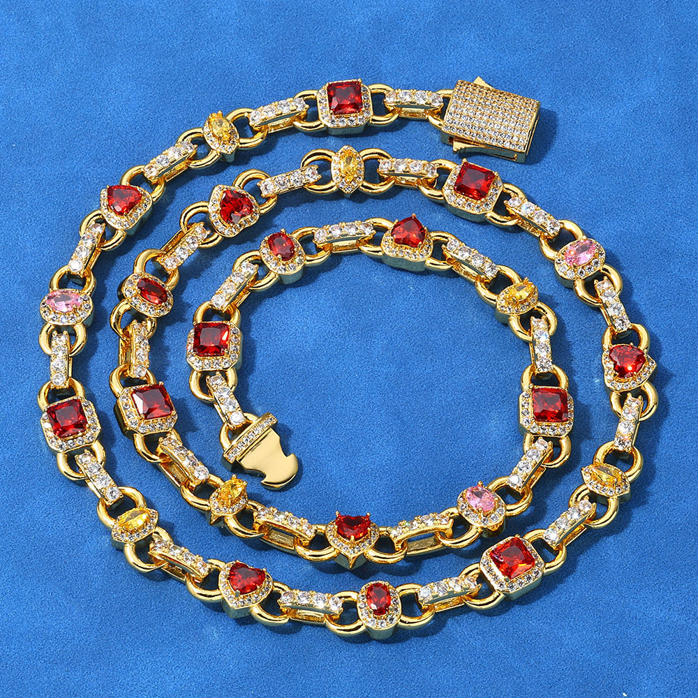 Multi Gemstone Cubic Zirconia Link Chain Necklace Gold Plating