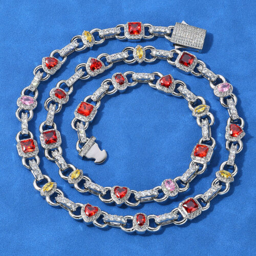 Multi Gemstone Cubic Zirconia Link Chain Necklace Rhodium Plating