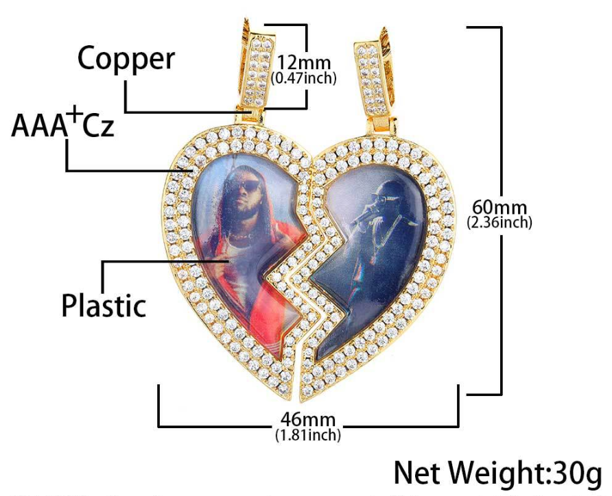 Personalized CZ Two-Part Heart Photo Pendant