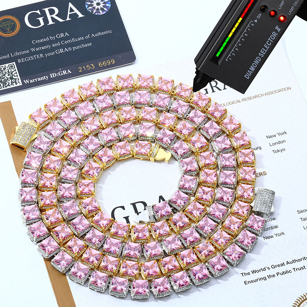 Pink Princess-Cut Cluster Tenni Necklace Chain Moissanite s925 Silver