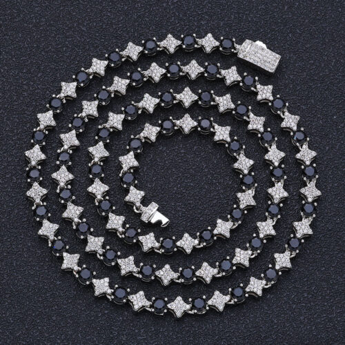 Round & Star Iced Out CZ Tennis Chains Necklace Rhodium Plating and Black Stone