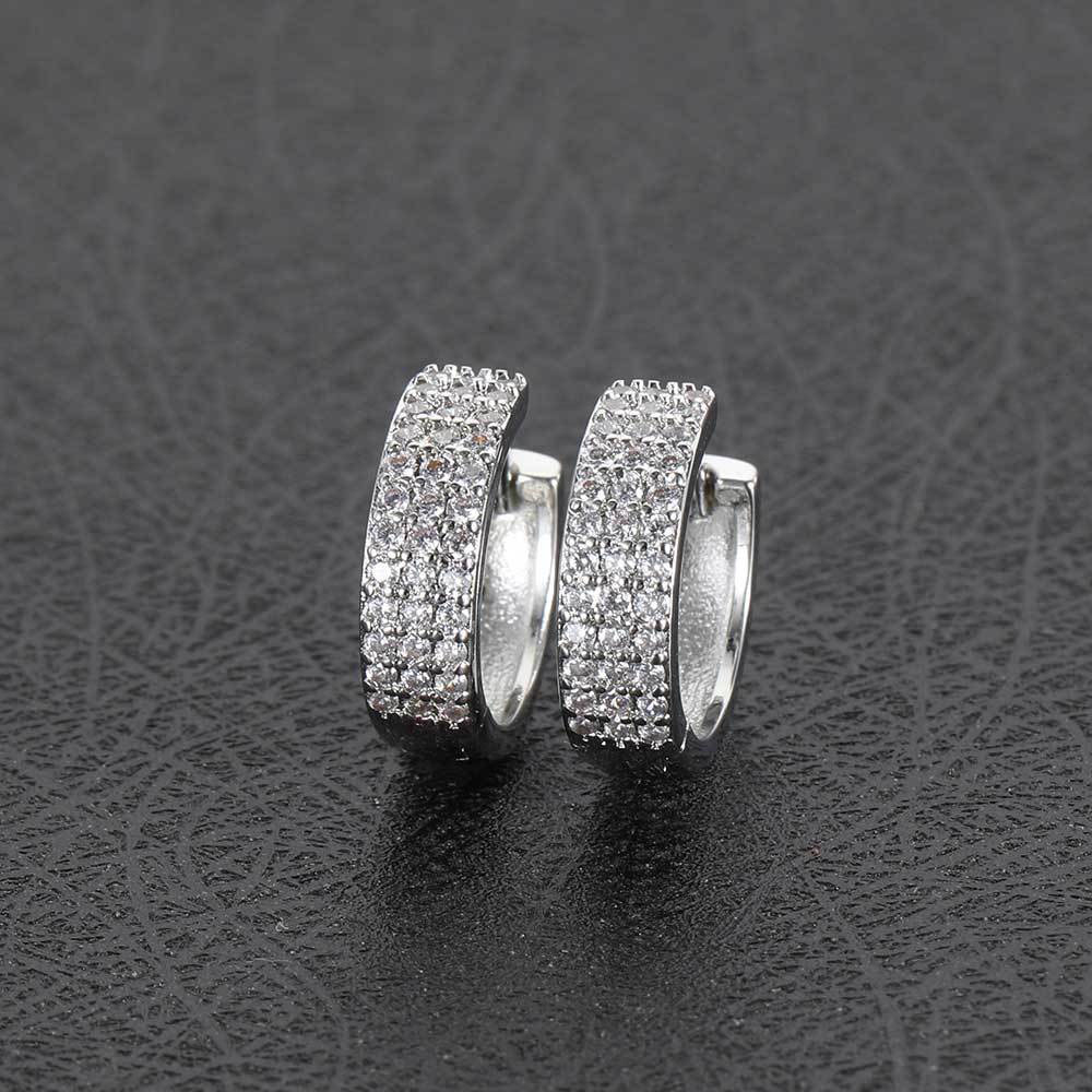 3 Row Iced Out Cubic Zirconia Hoop Earrings Rhodium Plating