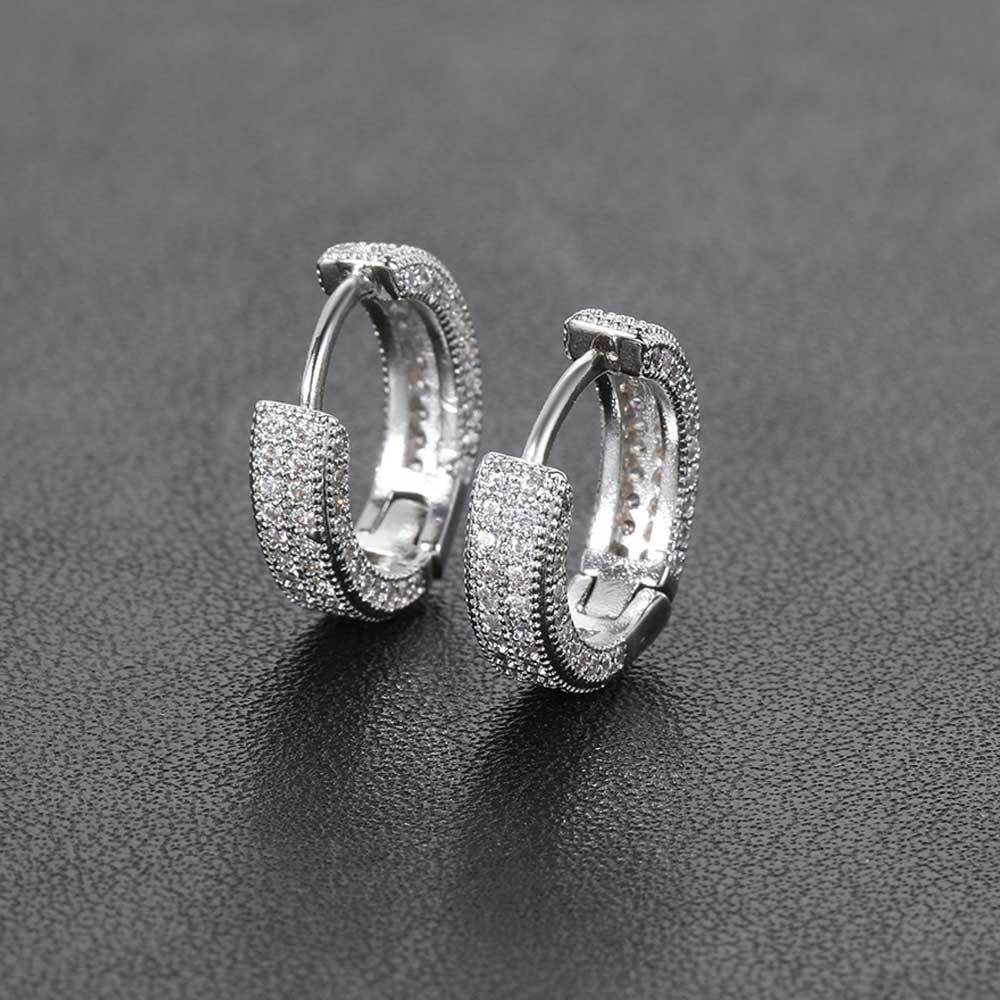 Sharp-Edge Iced Out Hoop Earrings Rhodium Plating