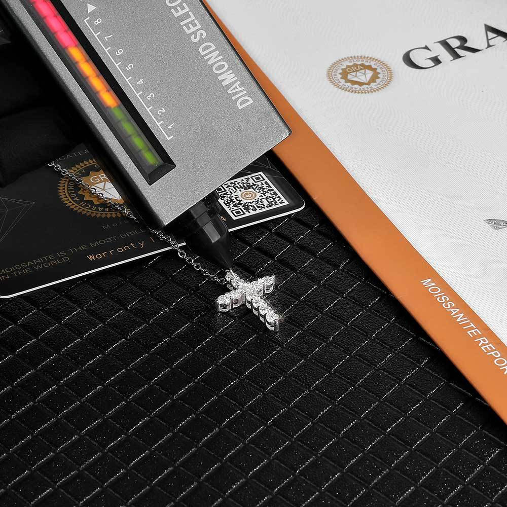 Small VVS Moissanite Sterling Silver Cross Pendant Passes Diamond Tester