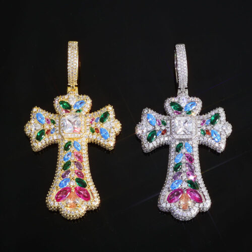 Vibrant Mixed-Gemstone CZ Cross Pendant Supplier