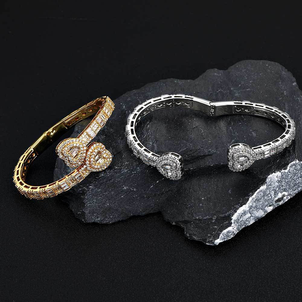 baguette cubic zirconia two heart bypass bracelet