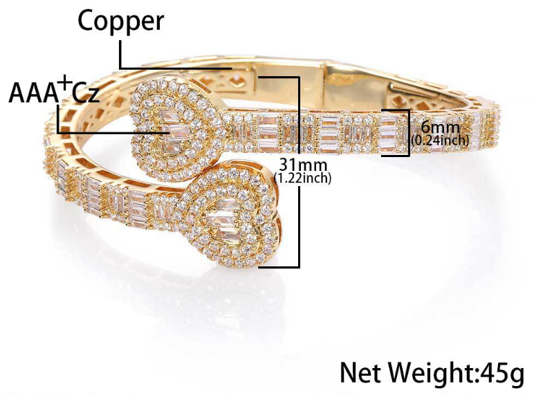 Baguette Cubic Zirconia Two Heart Bypass Bracelet baguette cubic zirconia two heart bypass bracelet