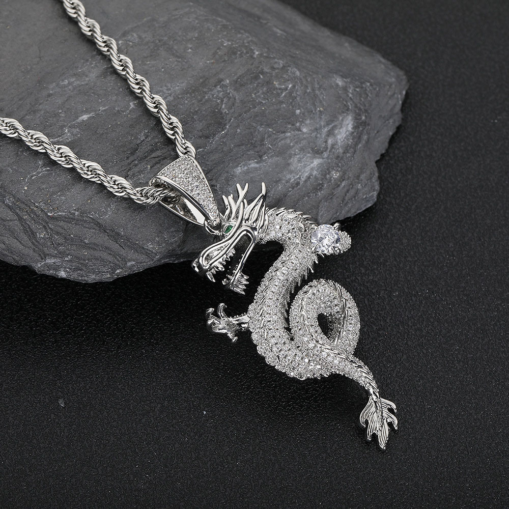 iced Out Cubic Zirconia Dragon Pendant Silver Plating