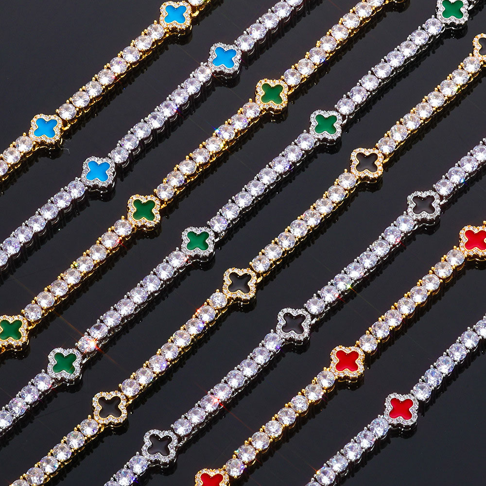 Clover Iced Out CZ Tennis Link Chain & Bracelet Wholesale clover iced out cz tennis chain & bracelet