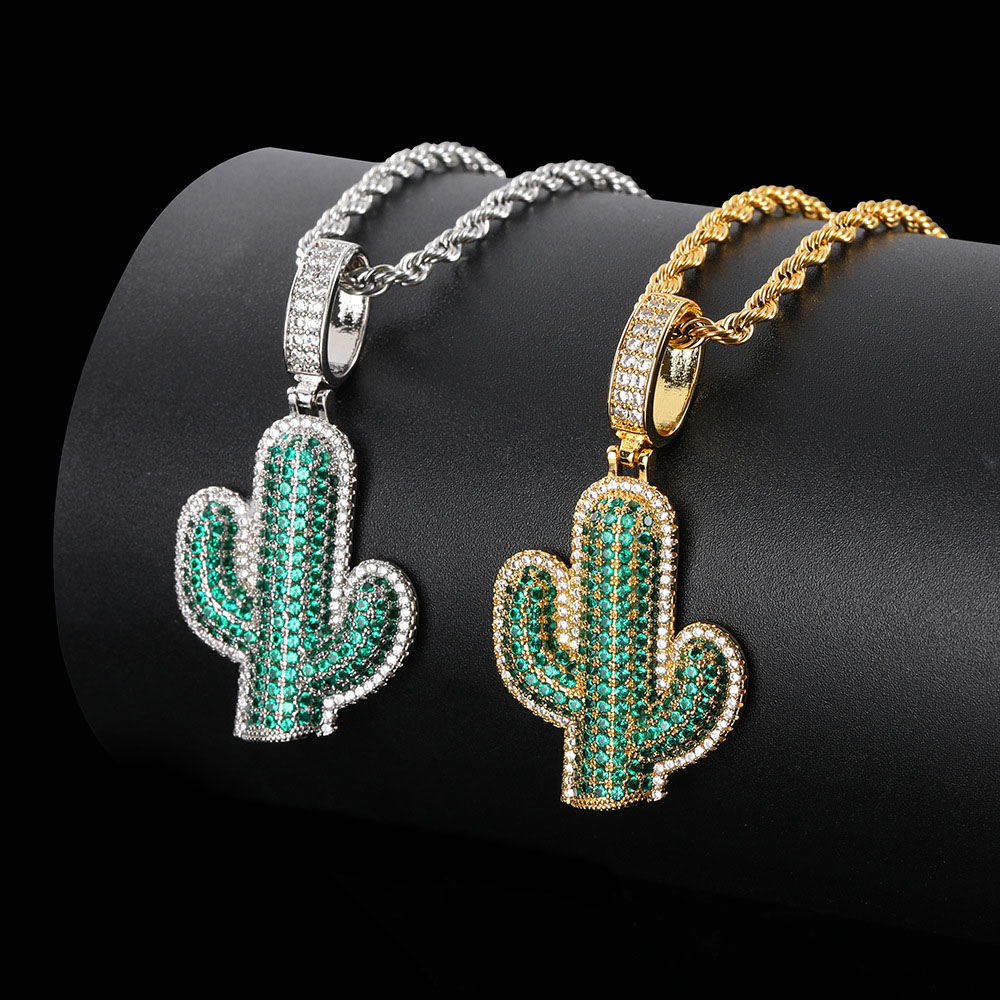 cubic zirconia green cactus pendant necklace