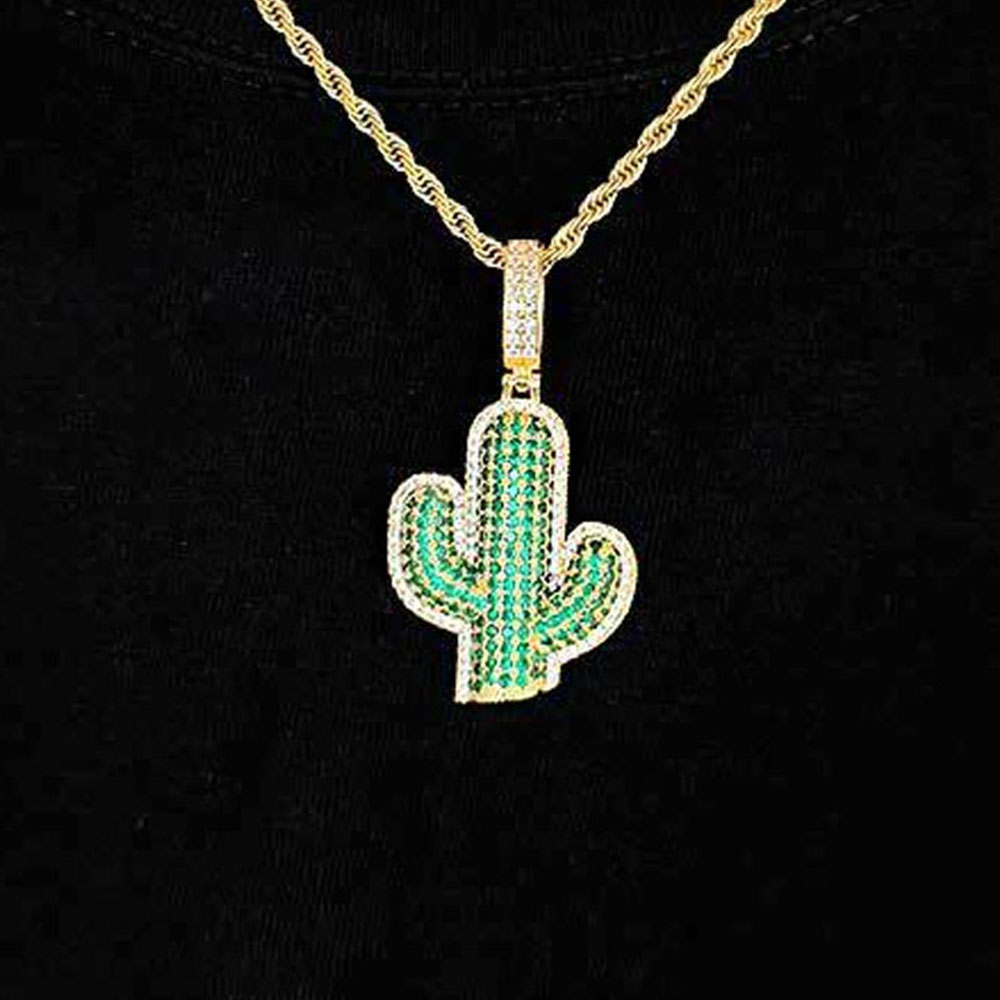 cubic zirconia green cactus pendant necklace