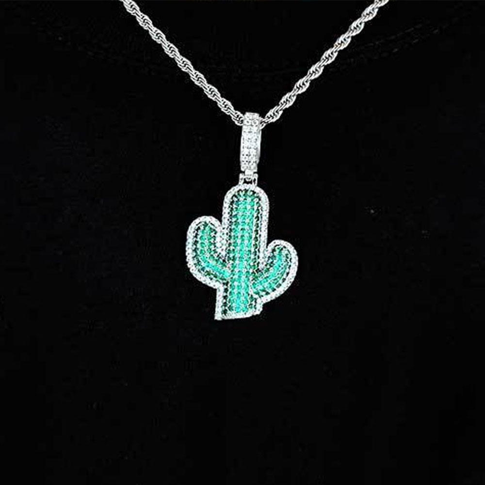 cubic zirconia green cactus pendant necklace