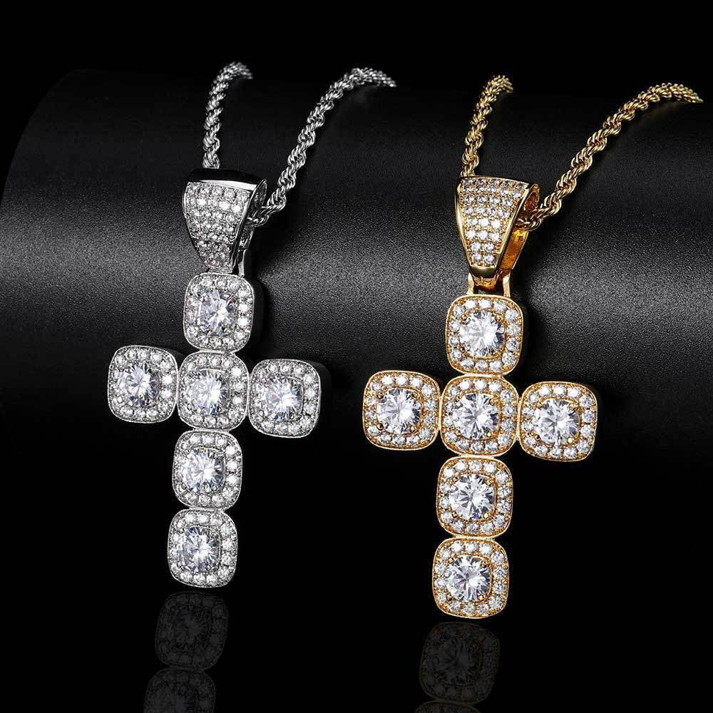 cubic zirconia square cluster cross pendant necklace