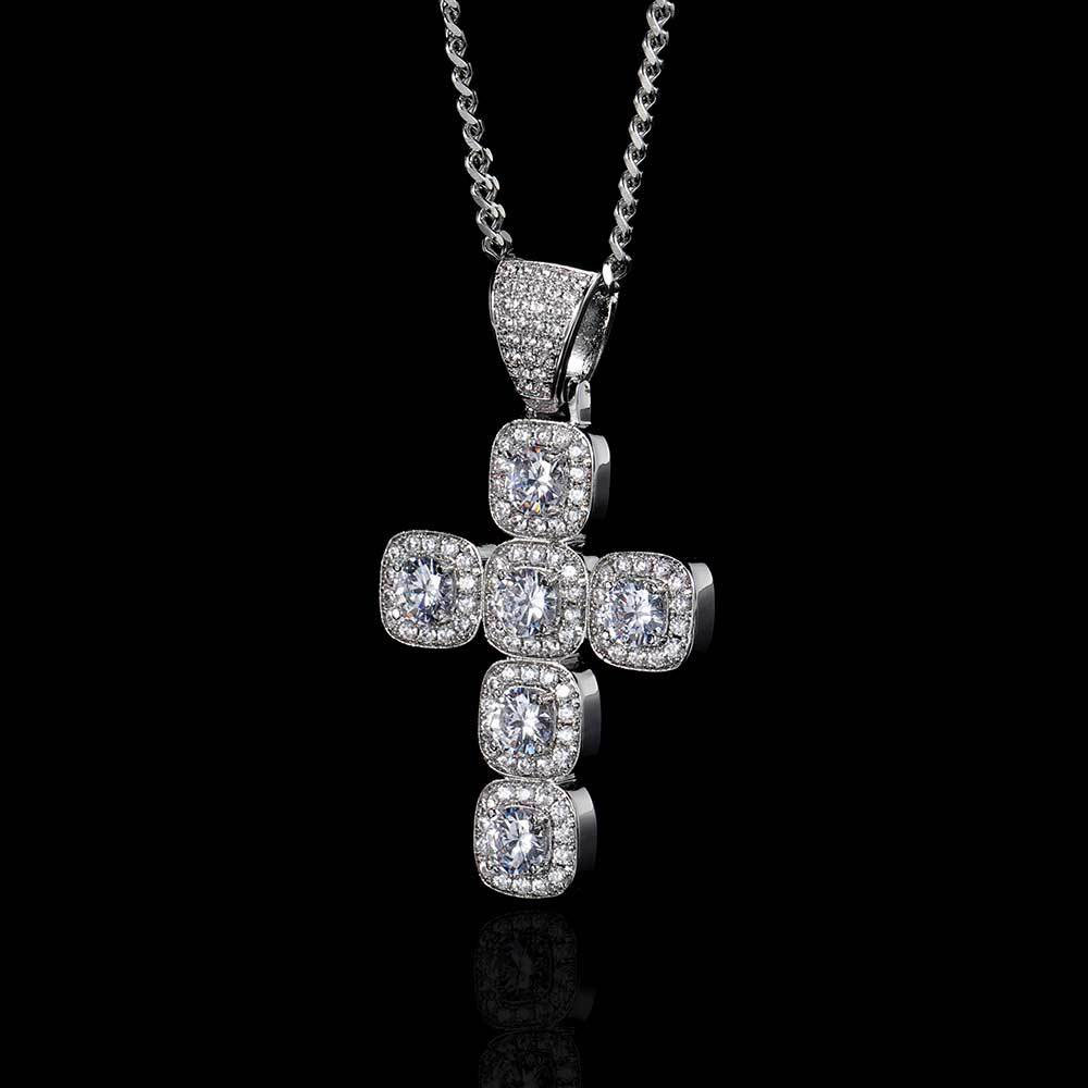 cubic zirconia square cluster cross pendant necklace