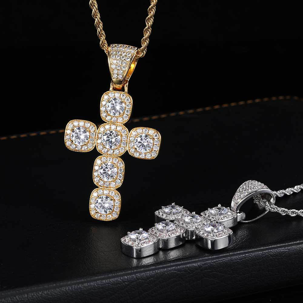 cubic zirconia square cluster cross pendant necklace