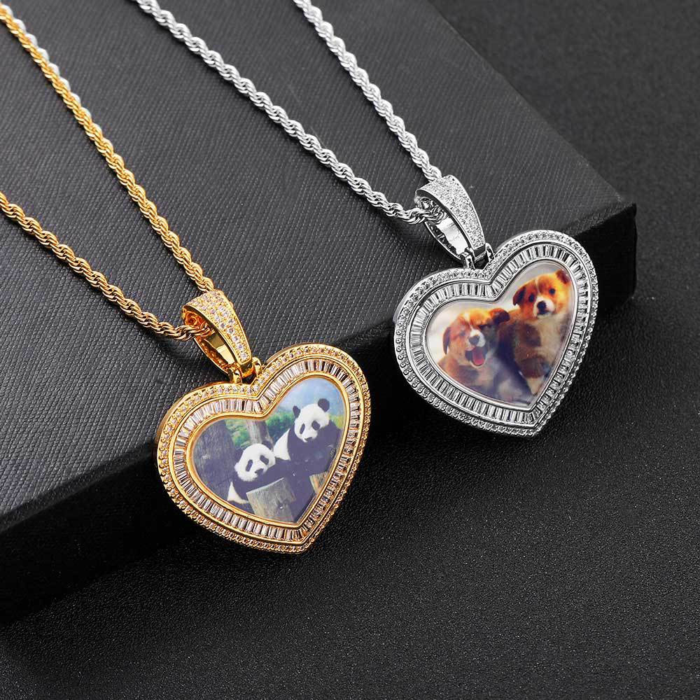 custom baguette cut cz heart shape picture pendant