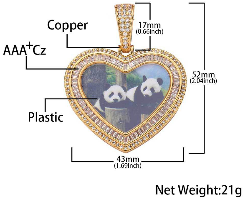 Custom Baguette Cut CZ Heart Shape Picture Pendant custom baguette cut cz heart shape picture pendant
