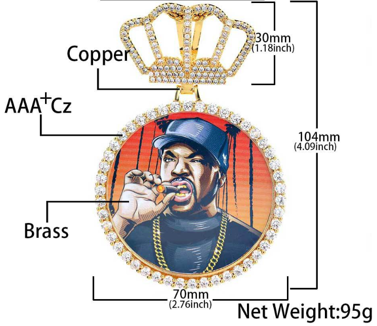 custom round photo pendant with iced crown bail