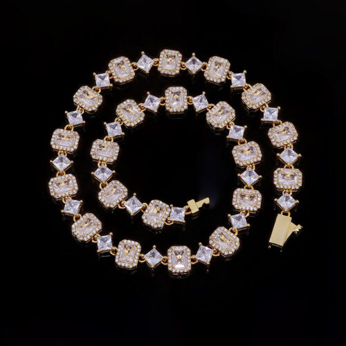 cz radiant baguette & princess cut halo link chain